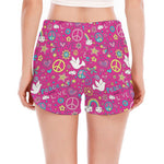 Girly Peace Sign And Love Pattern Print Women's Split Running Shorts