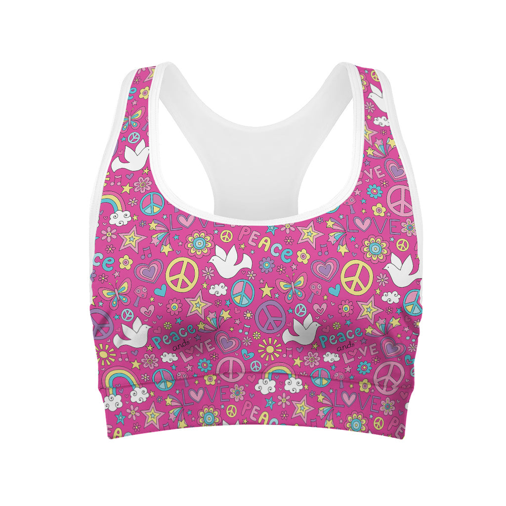 Girly Peace Sign And Love Pattern Print Women's Sports Bra