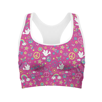 Girly Peace Sign And Love Pattern Print Women's Sports Bra