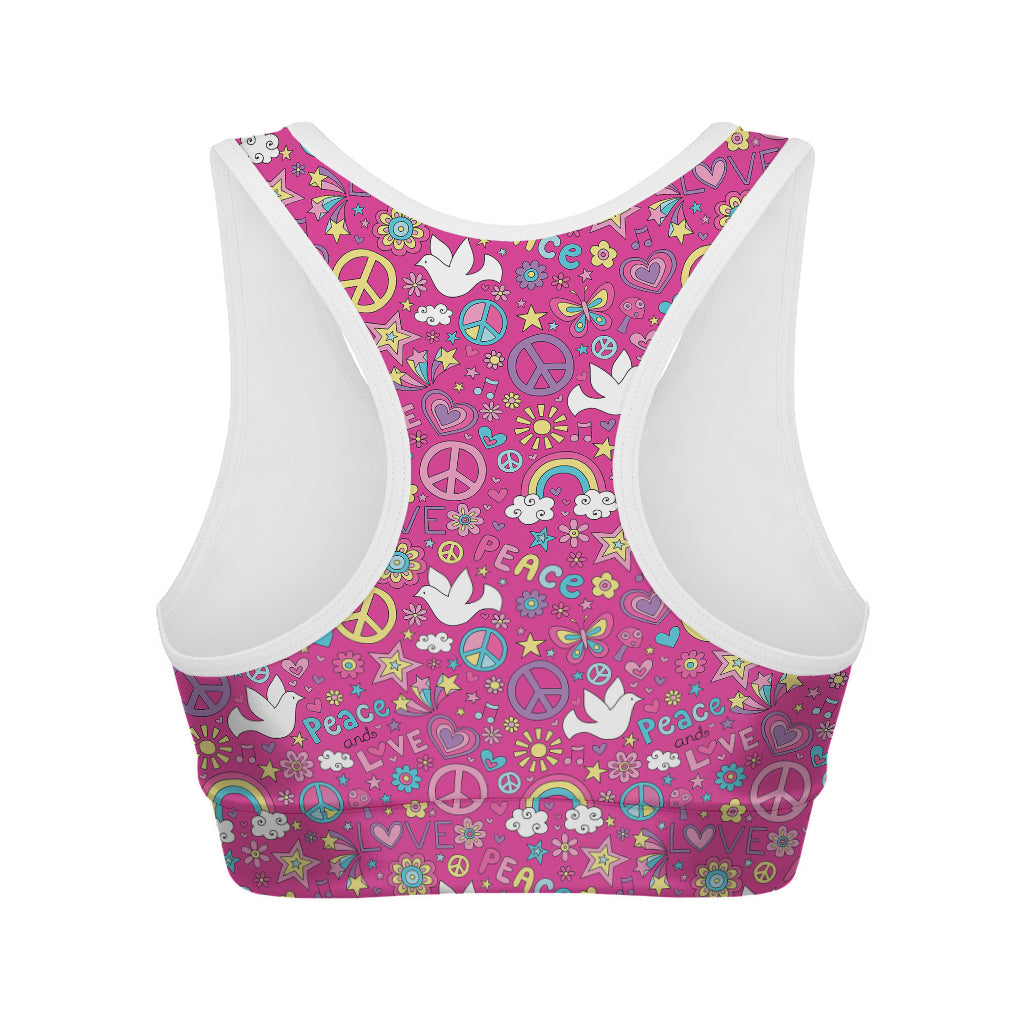 Girly Peace Sign And Love Pattern Print Women's Sports Bra
