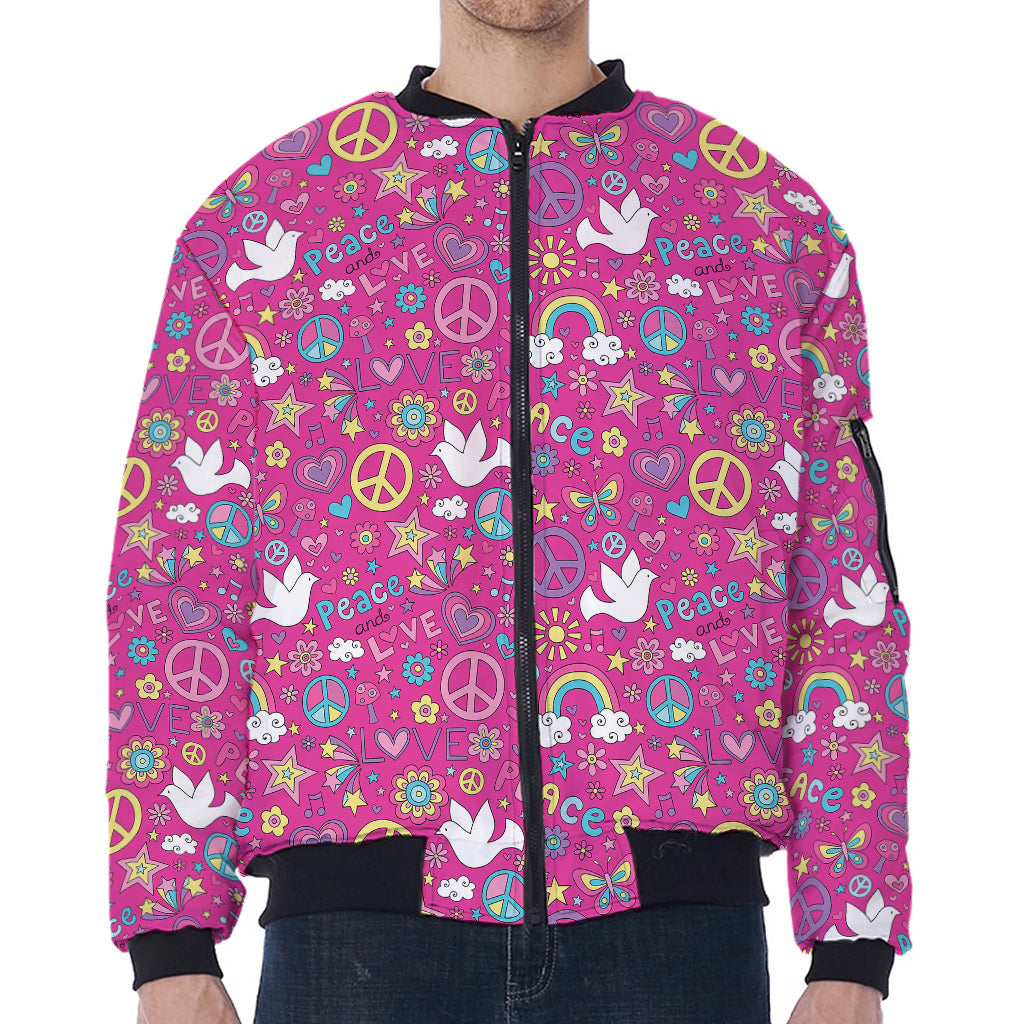 Girly Peace Sign And Love Pattern Print Zip Sleeve Bomber Jacket