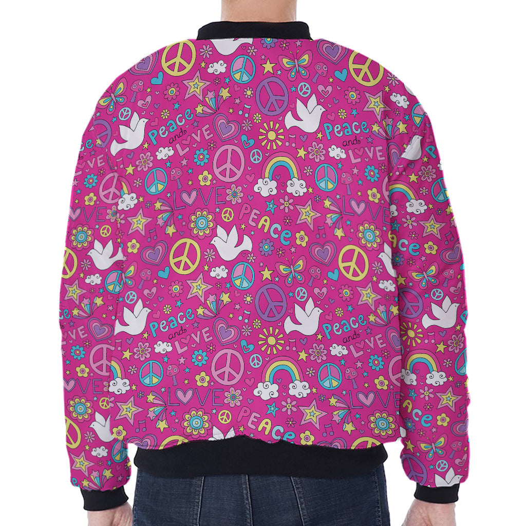 Girly Peace Sign And Love Pattern Print Zip Sleeve Bomber Jacket