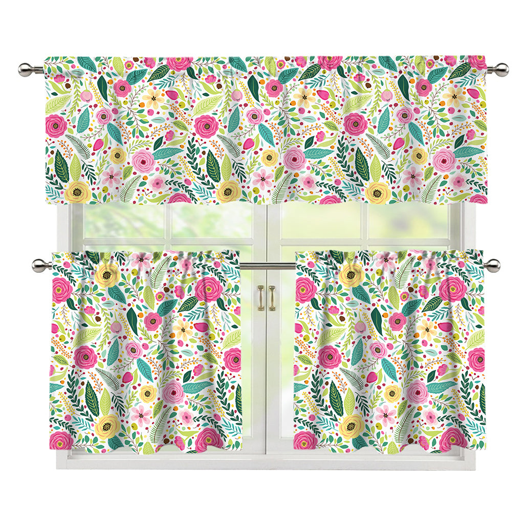 Girly Spring Flower Pattern Print 3 Piece Kitchen Curtains