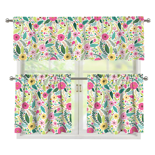 Girly Spring Flower Pattern Print 3 Piece Kitchen Curtains