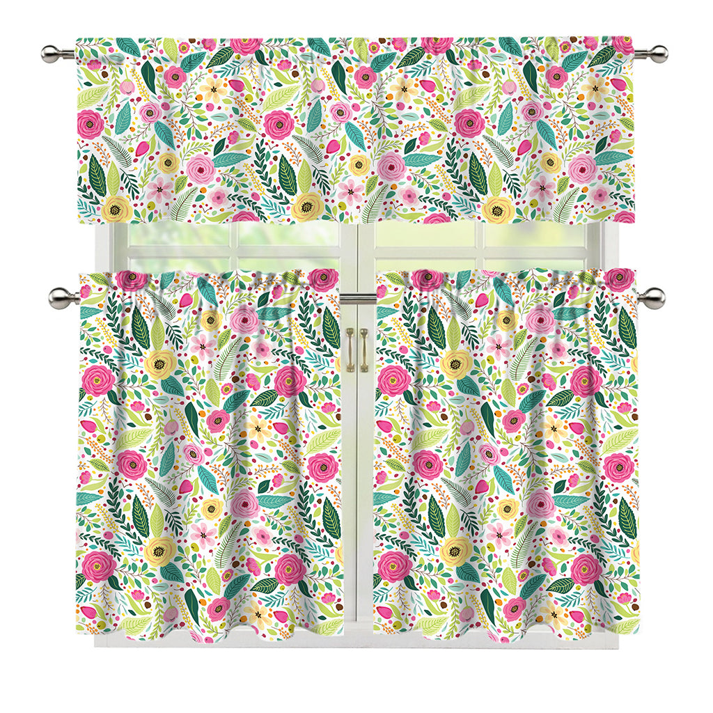 Girly Spring Flower Pattern Print 3 Piece Kitchen Curtains