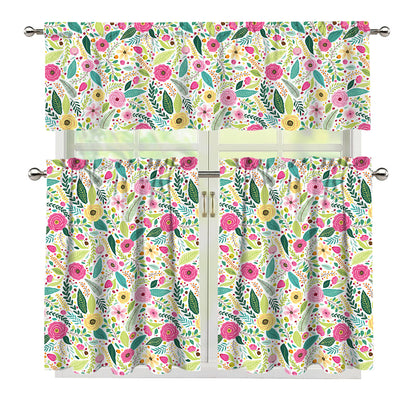 Girly Spring Flower Pattern Print 3 Piece Kitchen Curtains