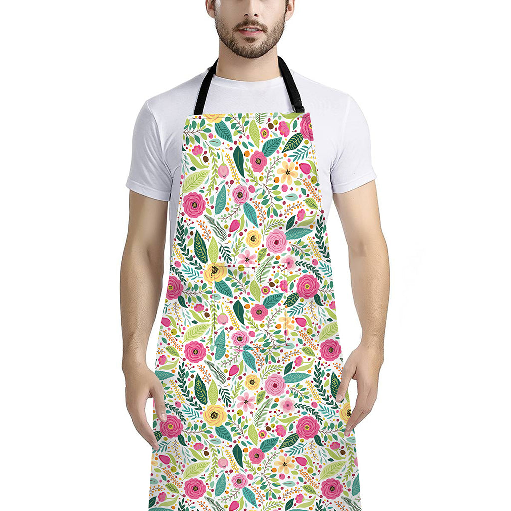 Girly Spring Flower Pattern Print Bib Apron With Pocket