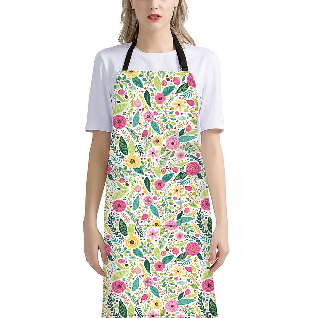 Girly Spring Flower Pattern Print Bib Apron With Pocket