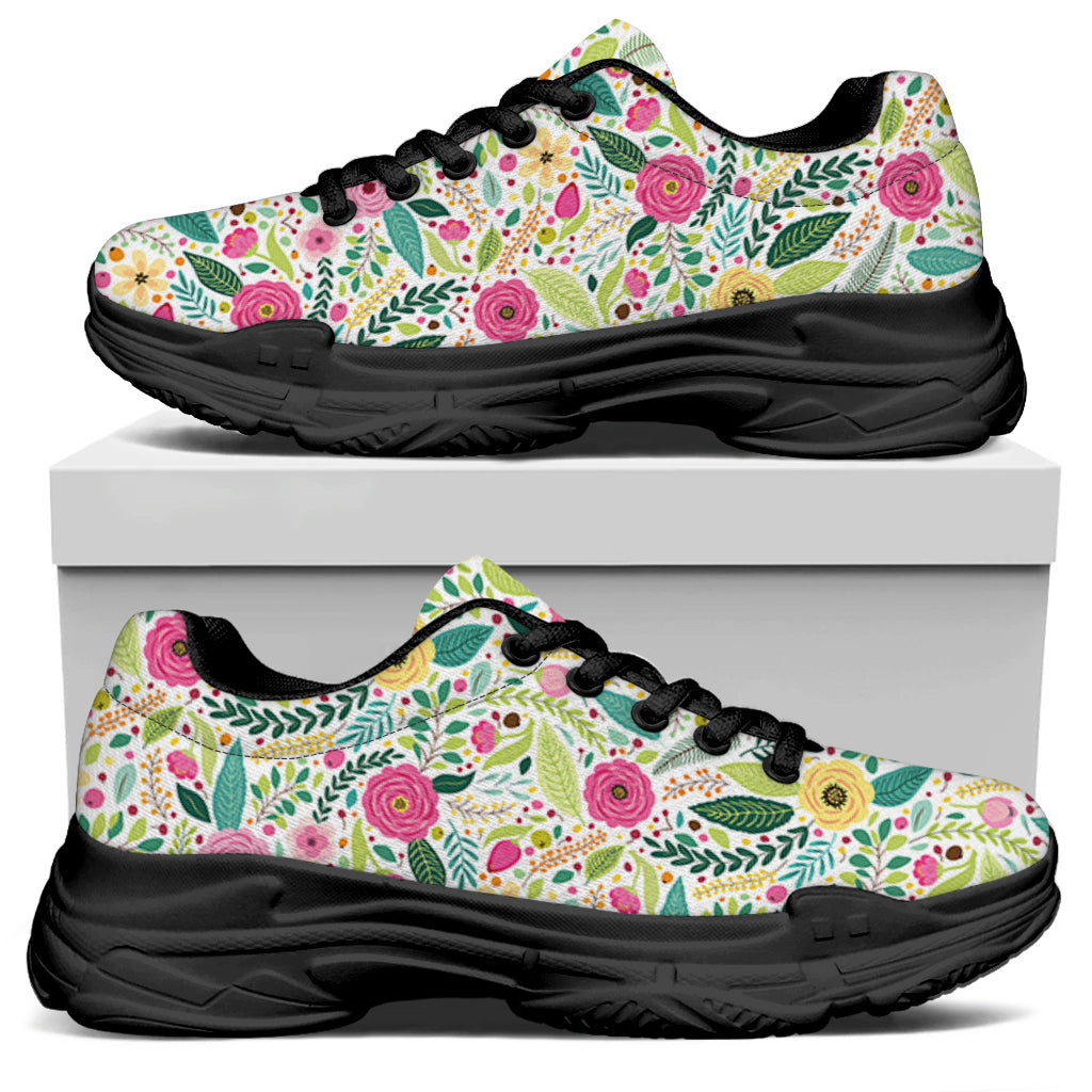 Girly Spring Flower Pattern Print Black Chunky Shoes