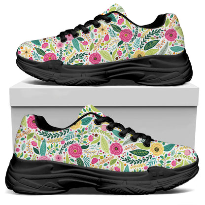Girly Spring Flower Pattern Print Black Chunky Shoes