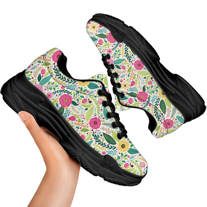 Girly Spring Flower Pattern Print Black Chunky Shoes