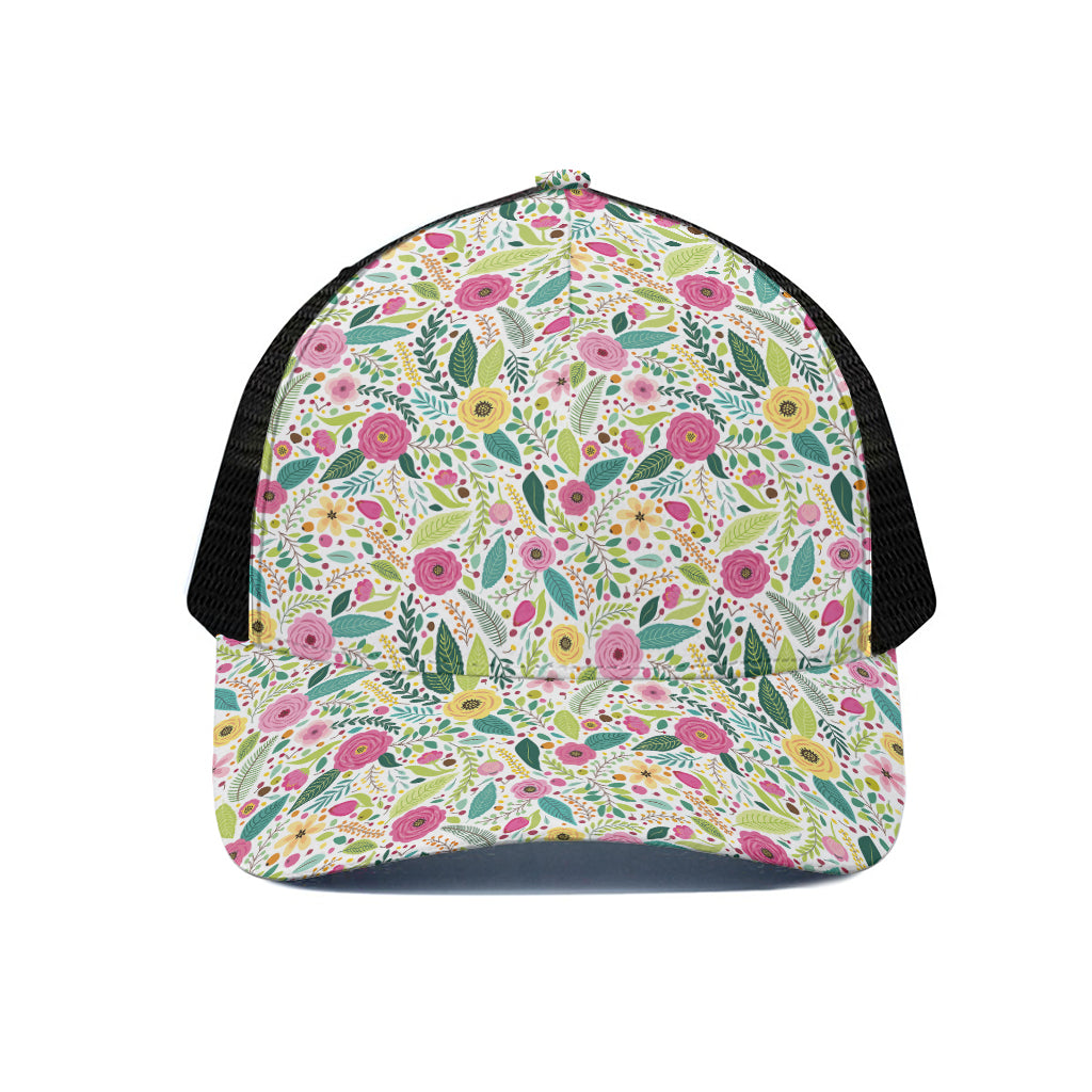 Girly Spring Flower Pattern Print Black Mesh Trucker Cap