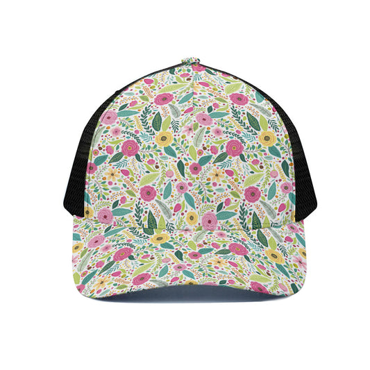 Girly Spring Flower Pattern Print Black Mesh Trucker Cap
