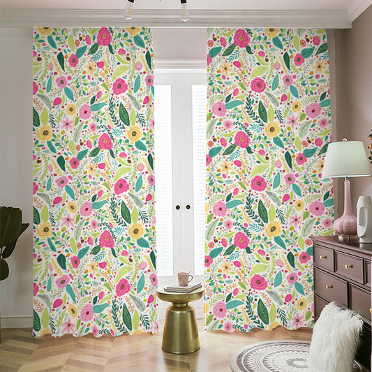 Girly Spring Flower Pattern Print Blackout Pencil Pleat Curtains