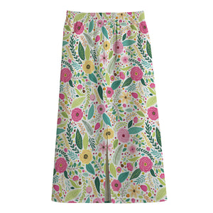 Girly Spring Flower Pattern Print Cotton Front Slit Maxi Skirt