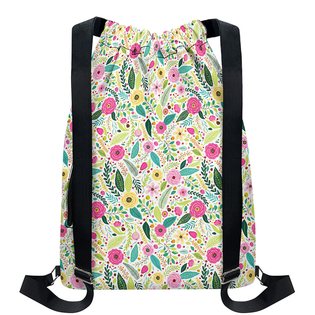 Girly Spring Flower Pattern Print Drawstring Backpack