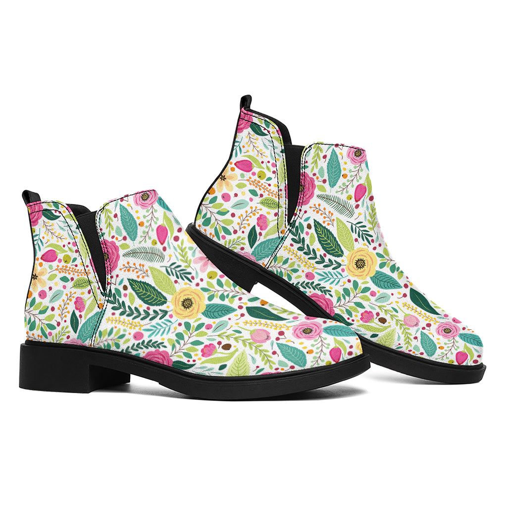 Girly Spring Flower Pattern Print Flat Ankle Boots