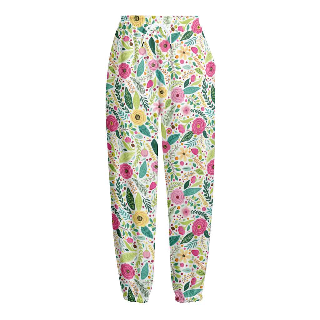 Girly Spring Flower Pattern Print Fleece Lined Knit Pants