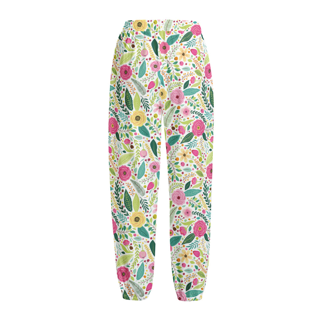 Girly Spring Flower Pattern Print Fleece Lined Knit Pants