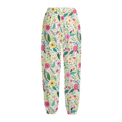 Girly Spring Flower Pattern Print Fleece Lined Knit Pants