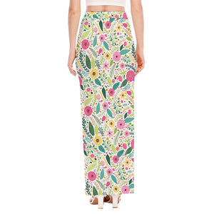 Girly Spring Flower Pattern Print High Slit Maxi Skirt