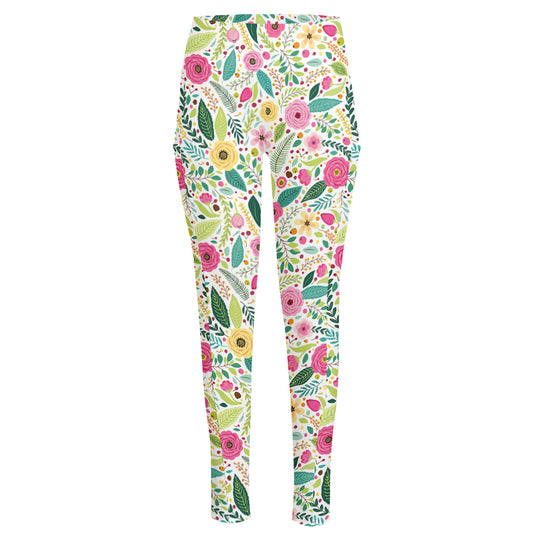 Girly Spring Flower Pattern Print High-Waisted Pocket Leggings