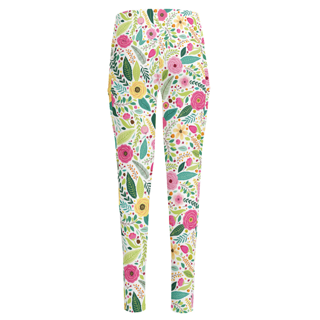 Girly Spring Flower Pattern Print High-Waisted Pocket Leggings