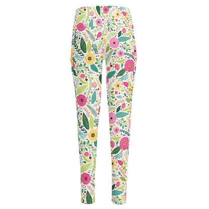 Girly Spring Flower Pattern Print High-Waisted Pocket Leggings