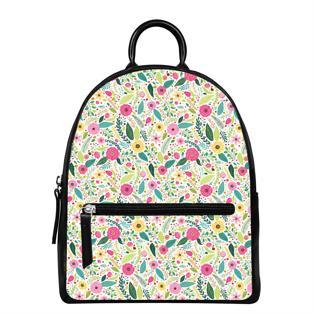 Girly Spring Flower Pattern Print Leather Backpack