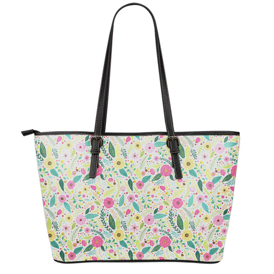 Girly Spring Flower Pattern Print Leather Tote Bag