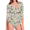 Girly Spring Flower Pattern Print Long Sleeve Swimsuit