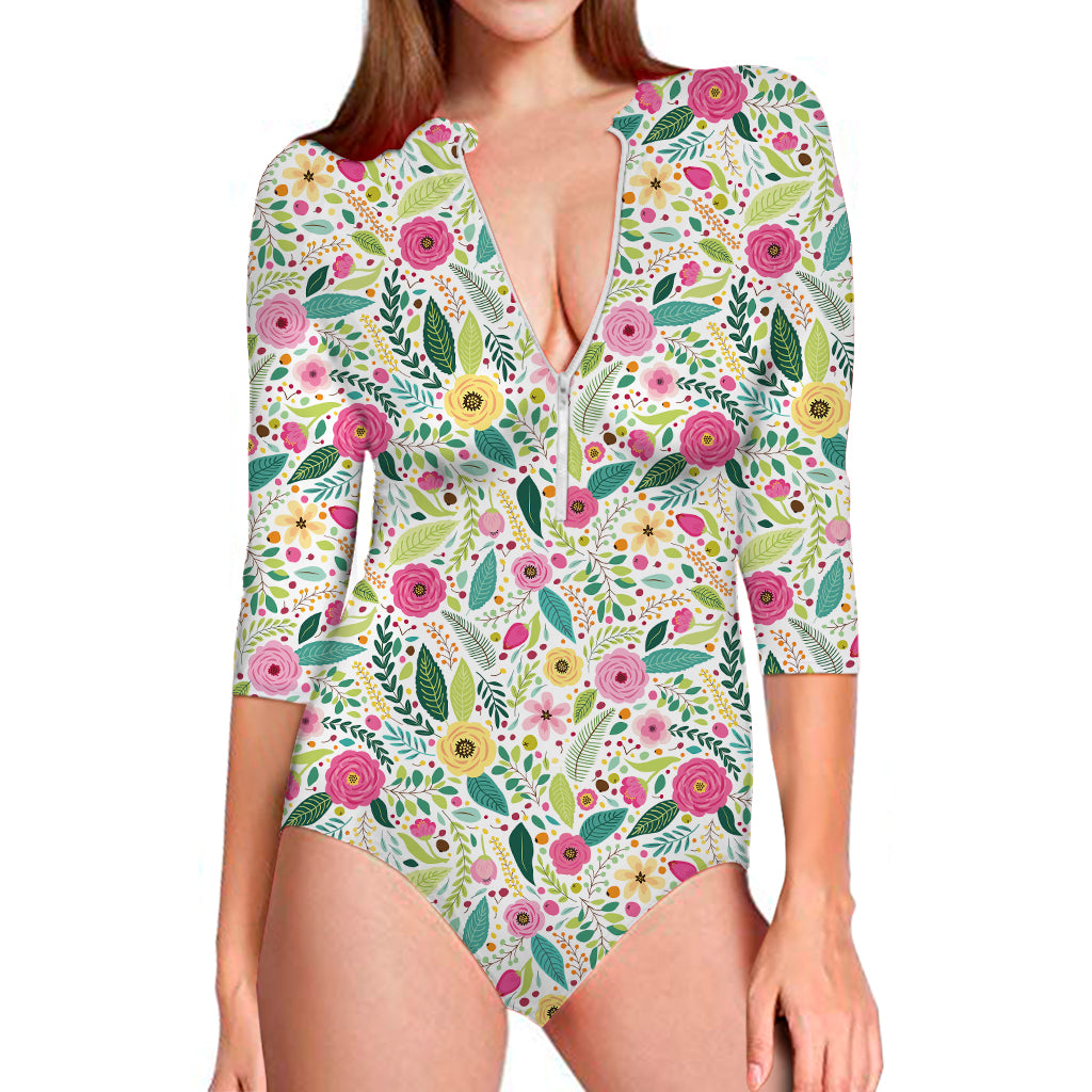 Girly Spring Flower Pattern Print Long Sleeve Swimsuit