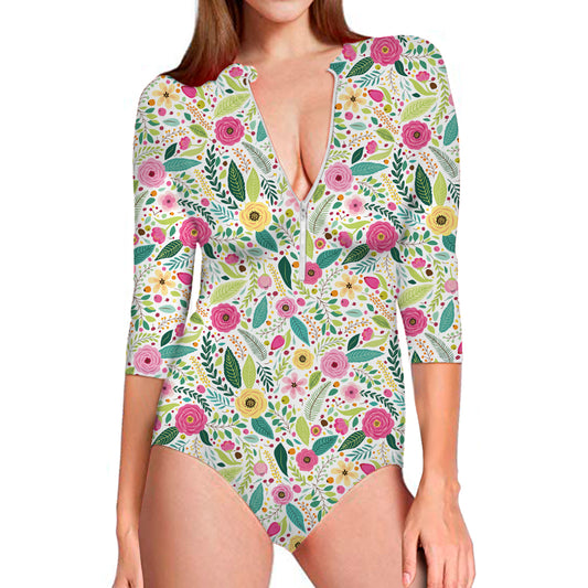 Girly Spring Flower Pattern Print Long Sleeve Swimsuit