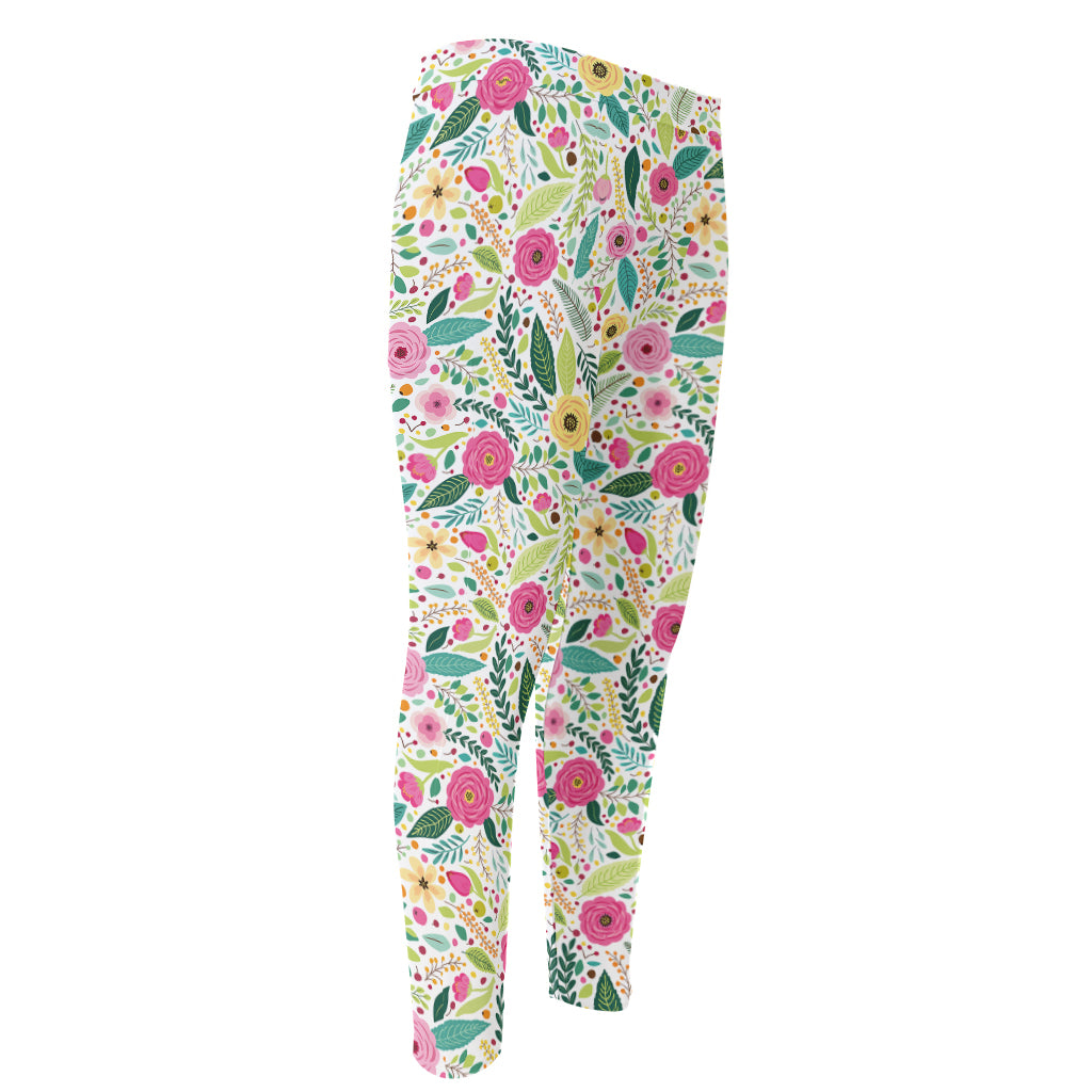 Girly Spring Flower Pattern Print Men's Compression Pants