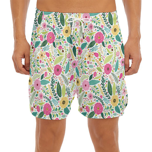 Girly Spring Flower Pattern Print Men's Split Running Shorts