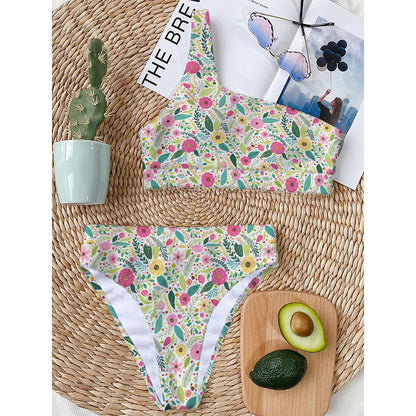Girly Spring Flower Pattern Print One Shoulder Bikini Top