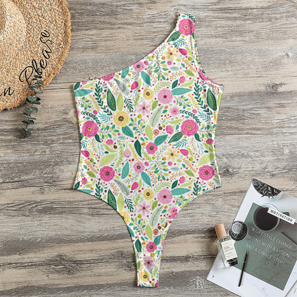 Girly Spring Flower Pattern Print One Shoulder Bodysuit