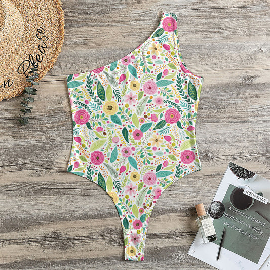 Girly Spring Flower Pattern Print One Shoulder Bodysuit