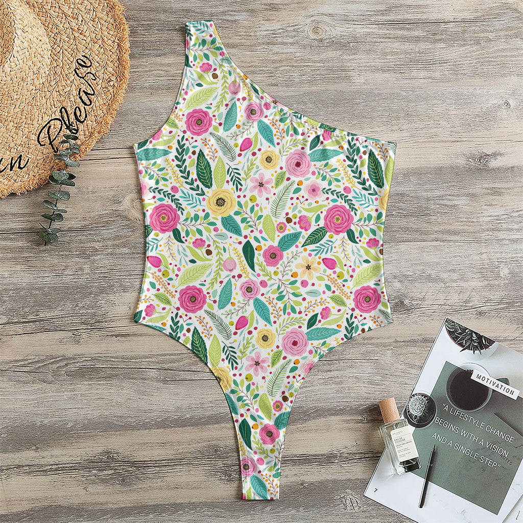 Girly Spring Flower Pattern Print One Shoulder Bodysuit
