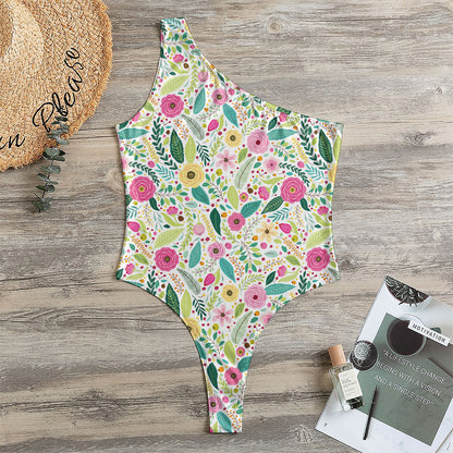 Girly Spring Flower Pattern Print One Shoulder Bodysuit