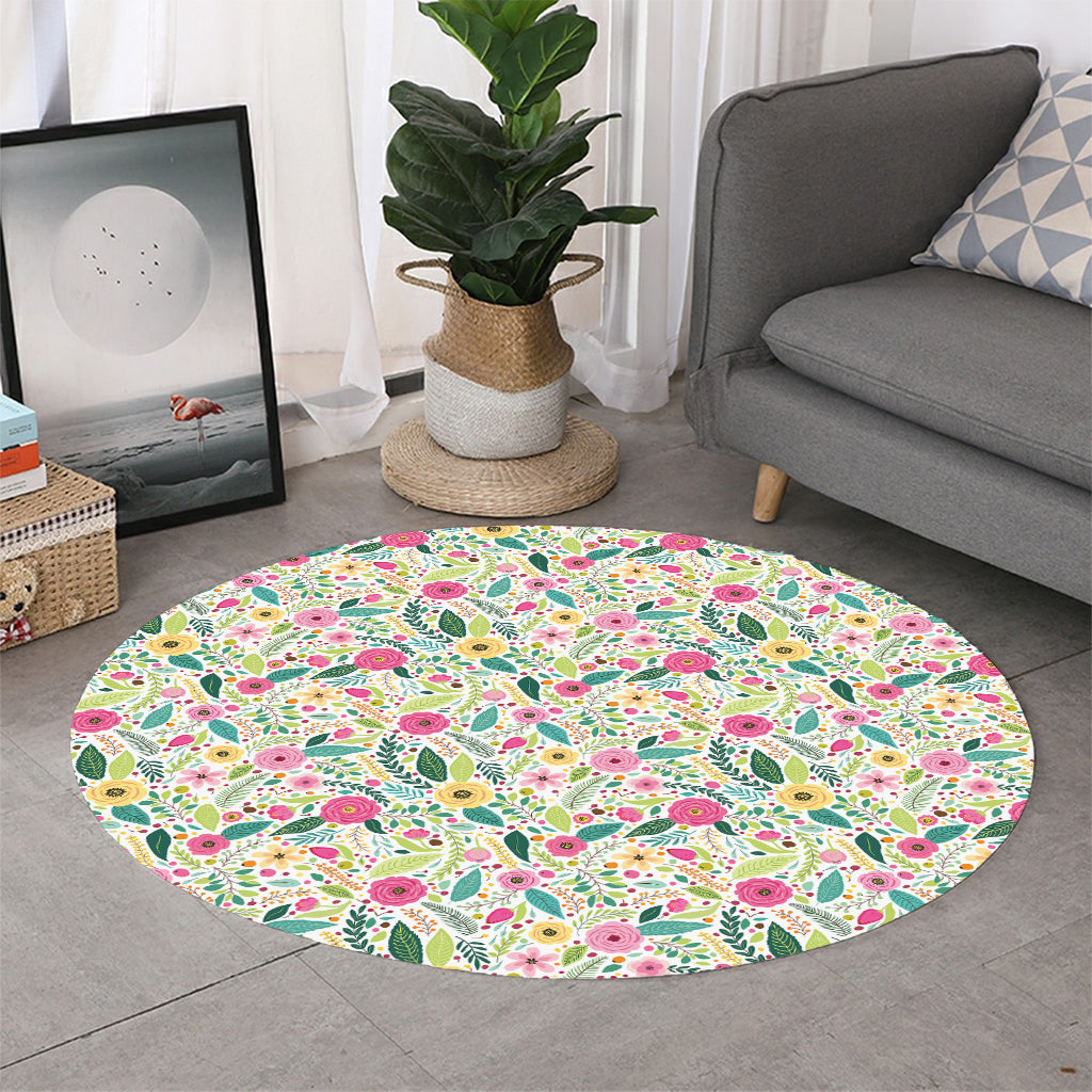 Girly Spring Flower Pattern Print Round Rug