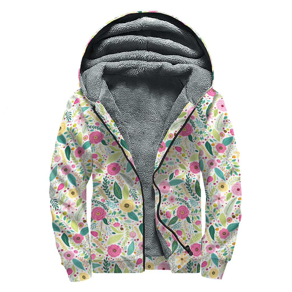 Girly Spring Flower Pattern Print Sherpa Lined Zip Up Hoodie