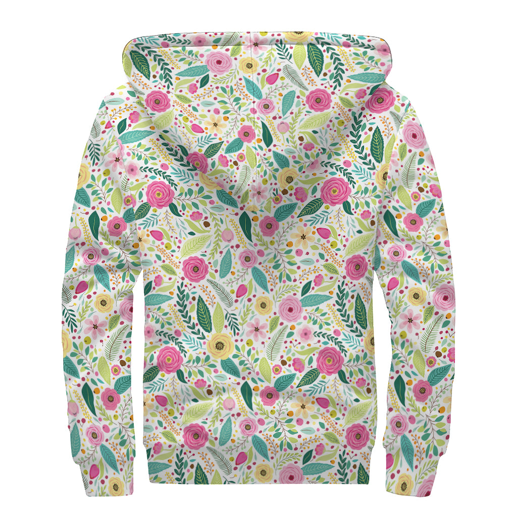 Girly Spring Flower Pattern Print Sherpa Lined Zip Up Hoodie