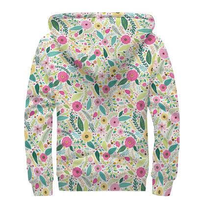 Girly Spring Flower Pattern Print Sherpa Lined Zip Up Hoodie