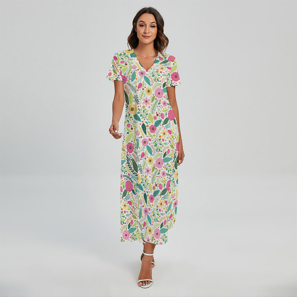 Girly Spring Flower Pattern Print Short Sleeve Maxi Dress