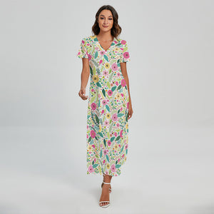 Girly Spring Flower Pattern Print Short Sleeve Maxi Dress