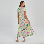 Girly Spring Flower Pattern Print Short Sleeve Maxi Dress