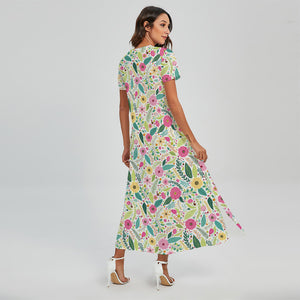 Girly Spring Flower Pattern Print Short Sleeve Maxi Dress