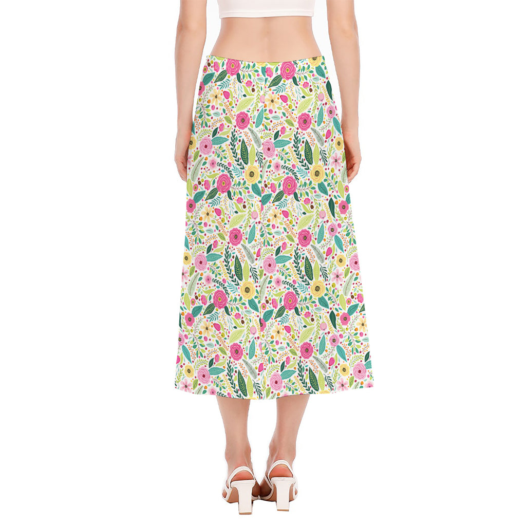 Girly Spring Flower Pattern Print Side Slit Midi Skirt