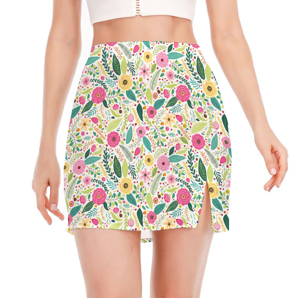 Girly Spring Flower Pattern Print Side Slit Mini Skirt